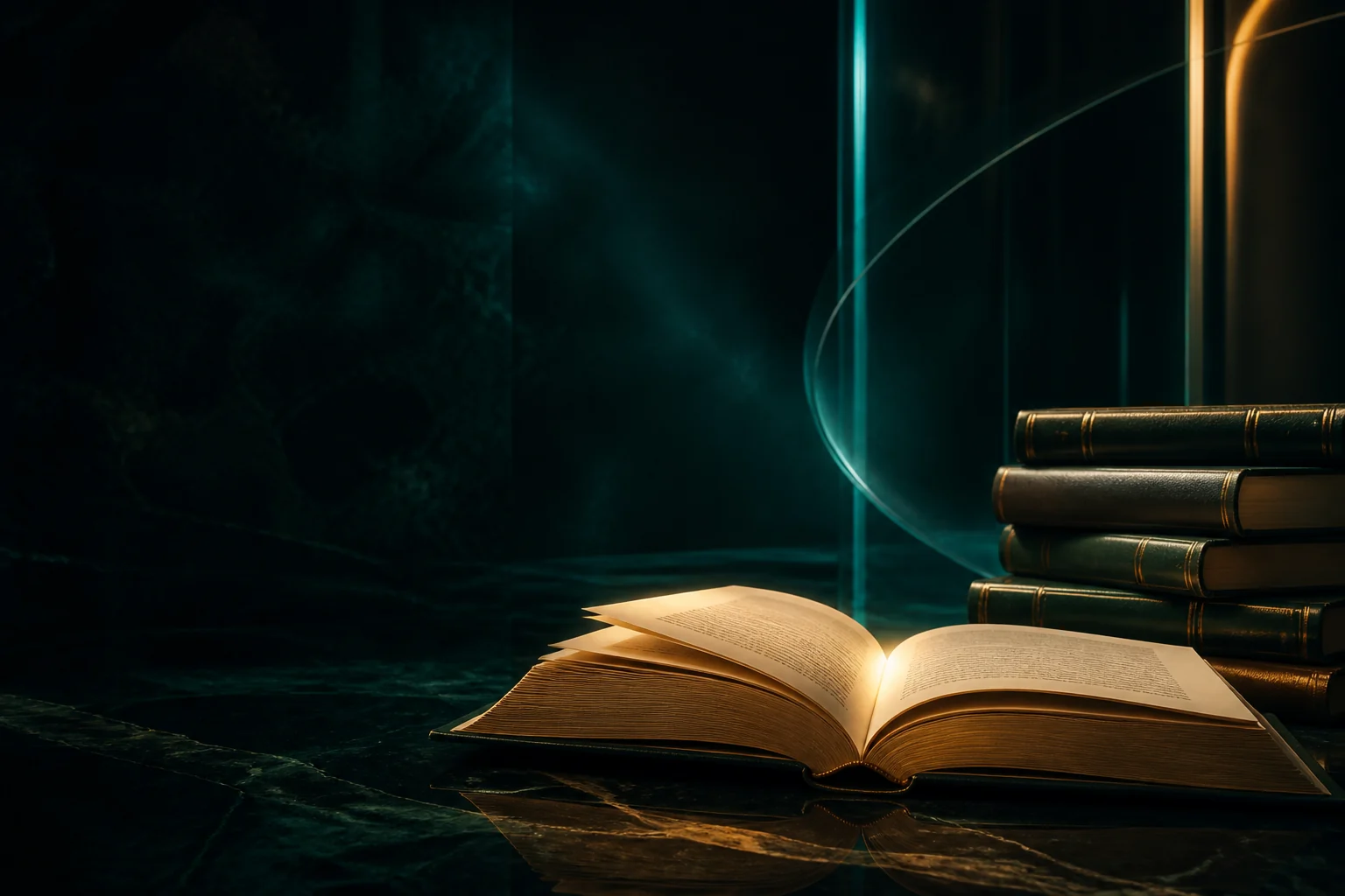 Libro abierto iluminado junto a una colección de volúmenes